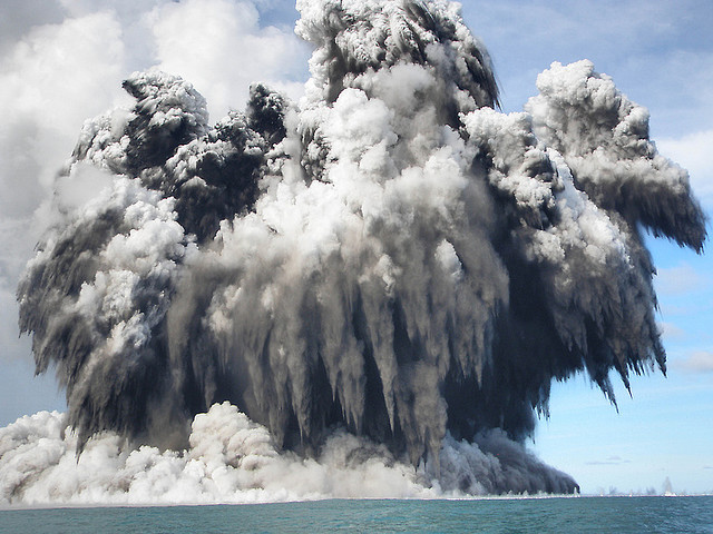 Tonga Islands - Pacific Ocean. Undersea volcano eruption about 10 to 12 kilometres off the Tongatapu coast of Tonga sending plumes of steam and smoke hundreds of metres...