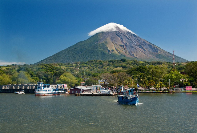 Port of Moyogalpa on Ometepe island with Volcan Concepcion in the background, Nicaragua