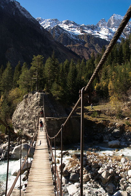 Crossing the river in Svaneti, Caucasus Mountains, Georgia