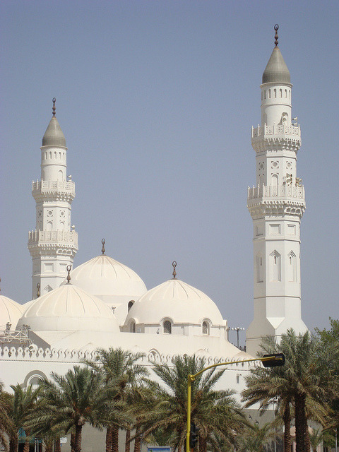 The white minarets of Masjid Quba in Medina, Saudi Arabia
