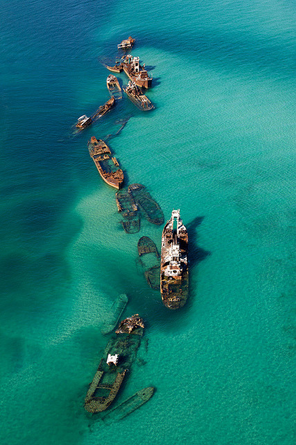 Aerial of Tangalooma Wrecks in Moreton Bay, Queensland, Australia