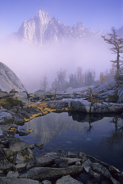 Early morning fog at Leprechaun Lake, Alpine Lakes Wilderness, Washington, USA