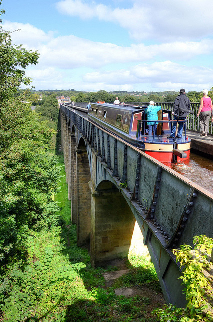 Narrowboat at Pontcysyllte Aqueduct on the Llangollen Canal, the most spectacular aqueduct in Britain