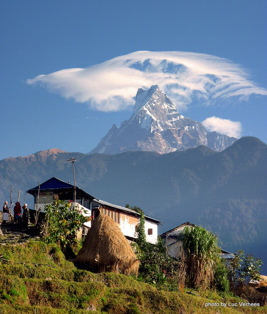 Village view of the holy mountain of Machhapuchhre in Nepal