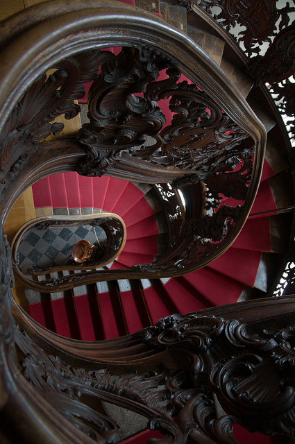 Rococo spiral staircase inside The Red House in Monschau, Germany